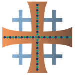 A stylized cross with dotted lines and two smaller crosses behind it.