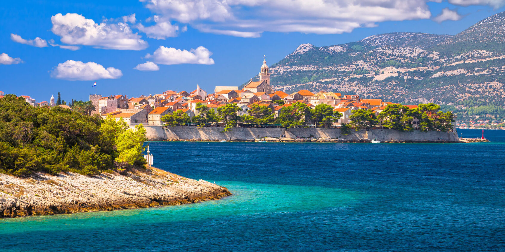 Historic town of Korcula archipelago panoramic view, island in archipelago of southern Croatia